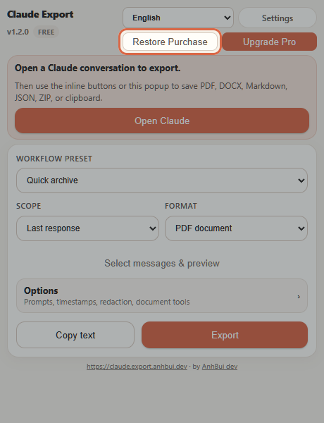 The Restore Purchase button in the popup header.