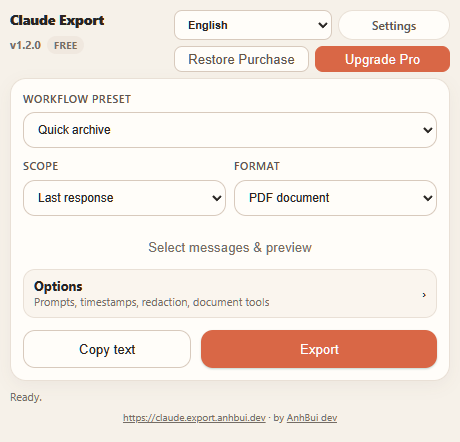 Claude Export popup with workflow preset, scope, format, Options and export actions