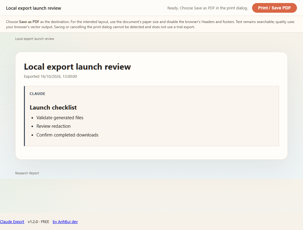 Native PDF preview with searchable document content and Print / Save PDF