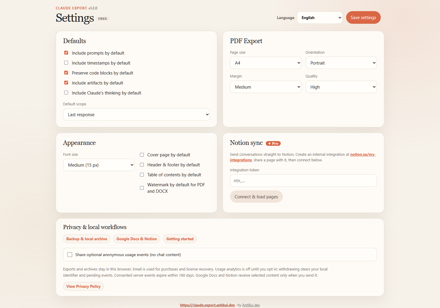 Settings with privacy and analytics controls