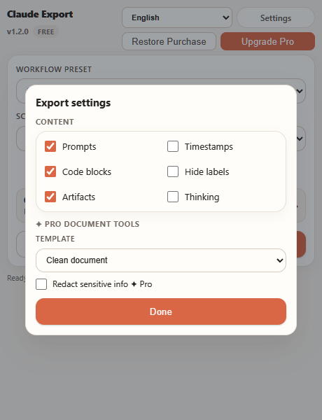 Current popup export settings and content options