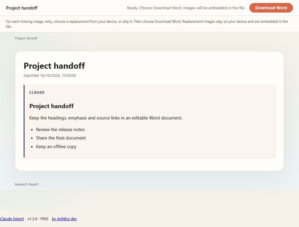 Current editable Word export preview