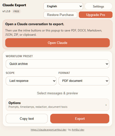 Popup with Open Claude guidance and its website footer